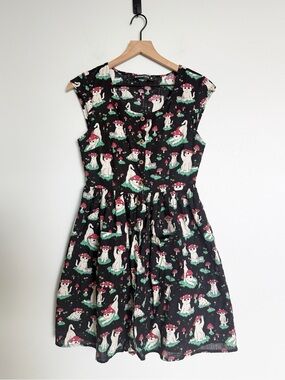 Dangerfield Kitsch Mushroom Cat Print Sleeveless Cotton Dress